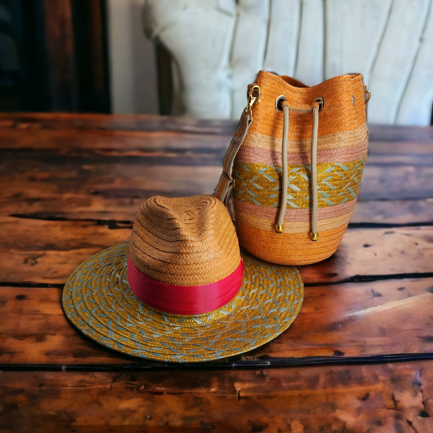 Costeña Red Bag with Wite Stripes & Hat - Tundama Natural Fiber & Wayuu Bags Handmade in Colombia New Womans Bags & Fashion