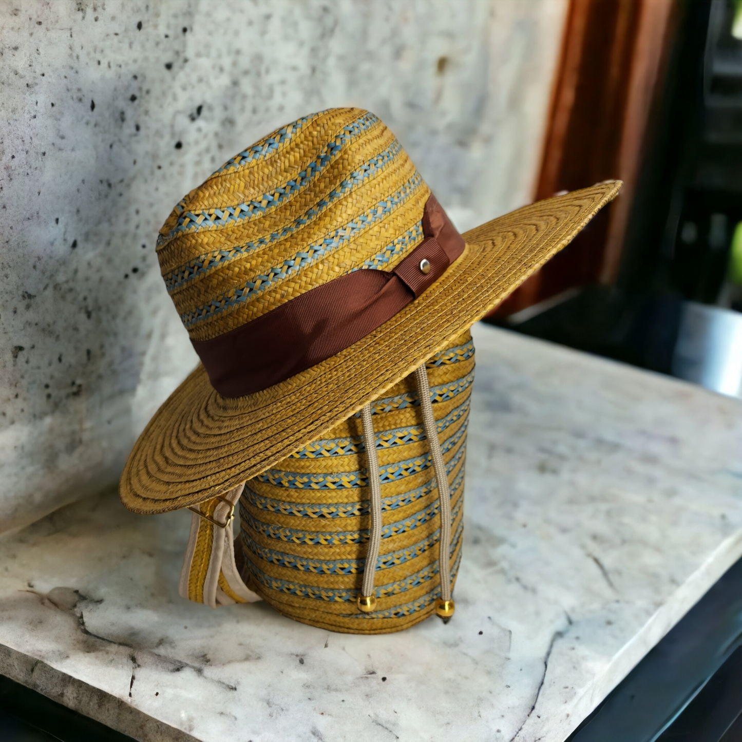 Costeña Gold & Blue Bag with Wite Stripes & Hat - Tundama Natural Fiber & Wayuu Bags Handmade in Colombia Womans Bags