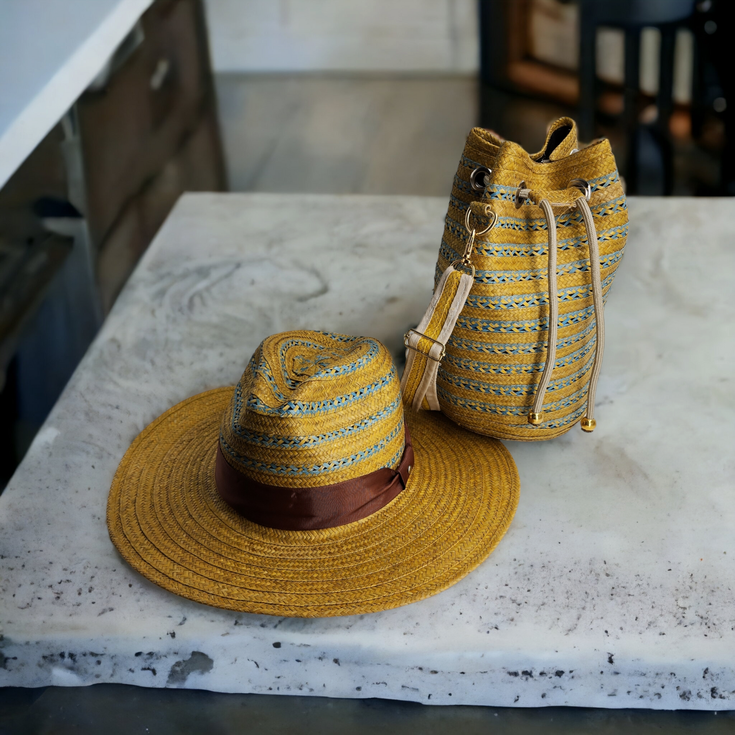 Costeña Gold & Blue Bag with Wite Stripes & Hat - Tundama Natural Fiber & Wayuu Bags Handmade in Colombia Womans Bags