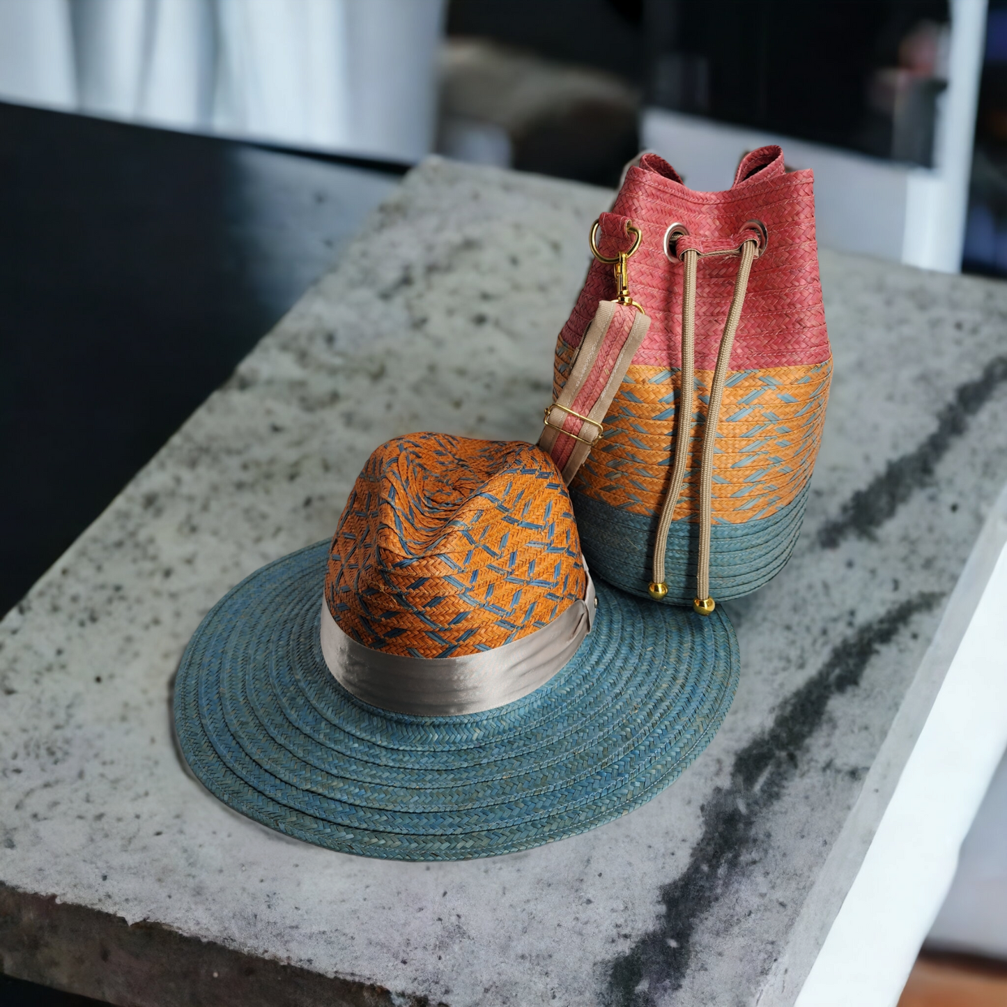 Costeña Red, Blue and Orange Bag with Blue Stripes & Hat - Tundama Natural Fiber & Wayuu Bags Handmade in Colombia Womans Bag