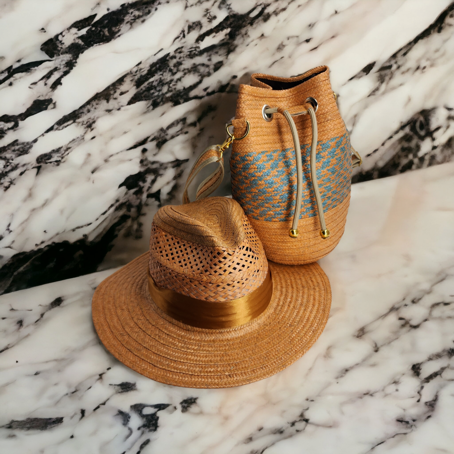 Costeña Orange & Blue Bag with Blue Stripes & Orange Hat - Tundama Natural Fiber & Wayuu Bags Handmade in Colombia b by Hands