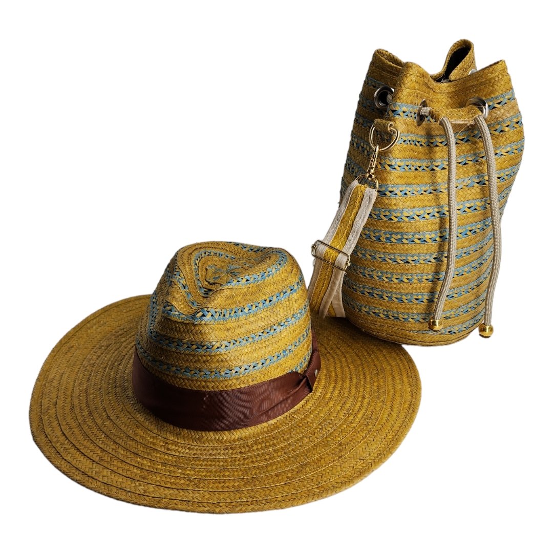 Costeña Gold & Blue Bag with Wite Stripes & Hat - Tundama Natural Fiber & Wayuu Bags Handmade in Colombia Womans Bags