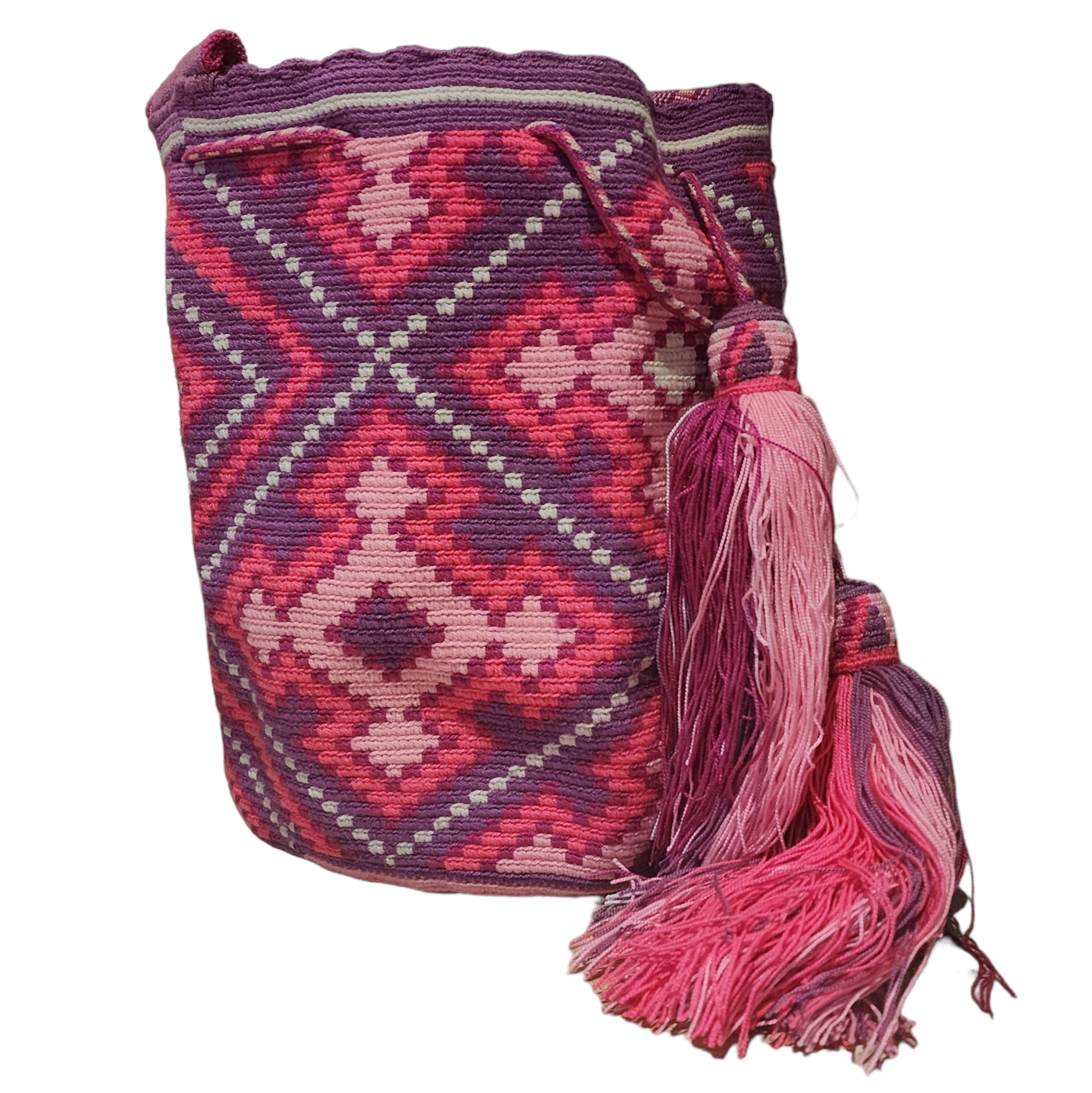 Mochila Wayuu Original Echa en Colombia de Color Rosa, Morado y Blanco