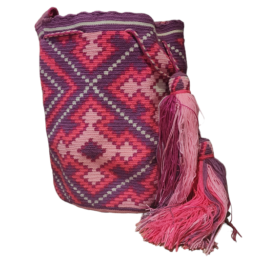 Mochila Wayuu Original Echa en Colombia de Color Rosa, Morado y Blanco