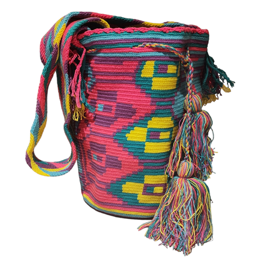 Pink, Green & Yellow Handmade Bag Made in Colombia, Original Wayuu Shoulder Crafts Bag