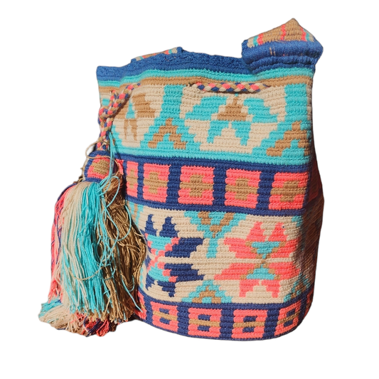 Blue Red and Beige Original Wayuu Bag Made in Colombia by Hands