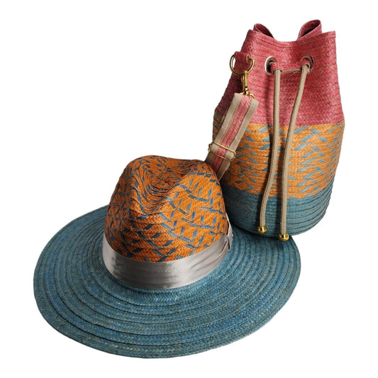 Costeña Red, Blue and Orange Bag with Blue Stripes & Hat - Tundama Natural Fiber & Wayuu Bags Handmade in Colombia Womans Bag