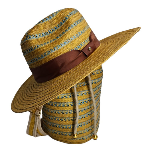 Costeña Gold & Blue Bag with Wite Stripes & Hat - Tundama Natural Fiber & Wayuu Bags Handmade in Colombia Womans Bags