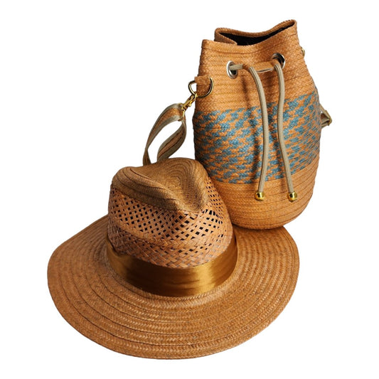 Costeña Orange & Blue Bag with Blue Stripes & Orange Hat - Tundama Natural Fiber & Wayuu Bags Handmade in Colombia b by Hands